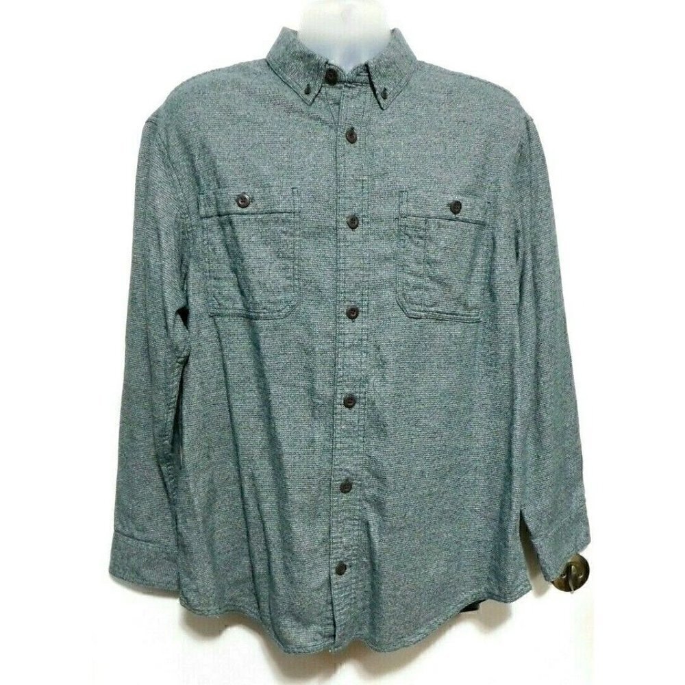 DULUTH TRADING CO green & beige cotton button up shirt relaxed fit, men's size L